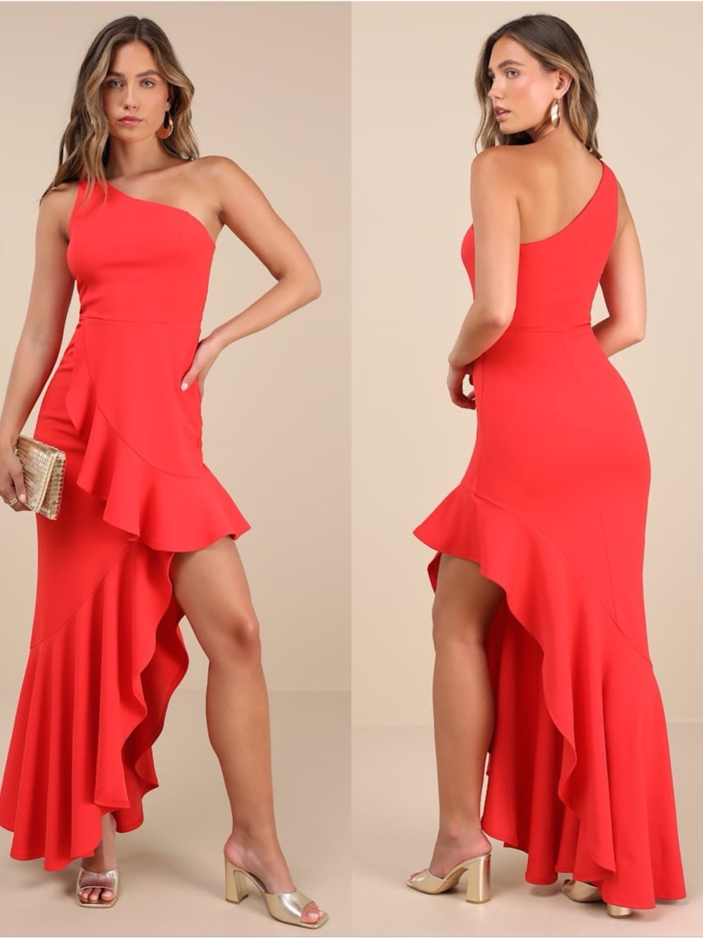 LULU’S Dramatic Persona Bright Orange/Red One-Shoulder Ruffled Maxi Dress